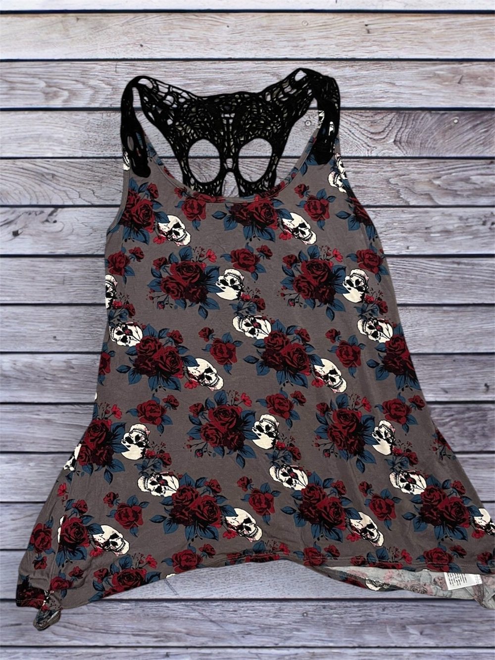 Midnight Hour Floral Skull Lace-Back Tank Top - Gray & Burgundy small